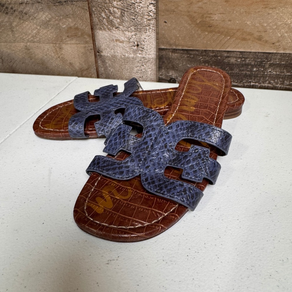 Sam Edelman Bay Sandals Womens 7.5 Blue Snake Print Croc Embossed Flat Slide